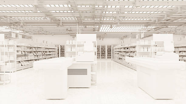 istock 3D Rendering. Store interior supermarket with shelf shelves. 2217396116