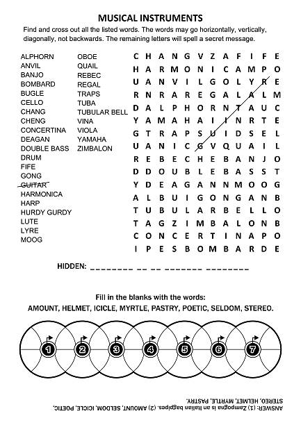 istock Puzzle page with two word games. Musical instruments word search puzzle. Fill in the blanks of wheels criss-cross crossword puzzle. 2217410390