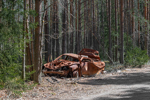 istock An abandoned, wrecked, extremely rusty burnt car on the side of a forest road. 2217412234