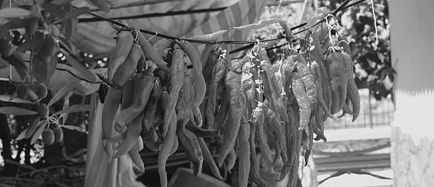 istock Peppers Dried Outdoor Closeup Black White Rustic Culinary Scene 2217415201