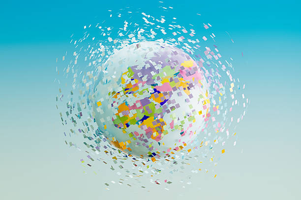 World Map Globe with Flying Particles, Fintech and Digital Transformation Concept.