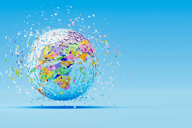 World Map Globe with Flying Particles, Fintech and Digital Transformation Concept.