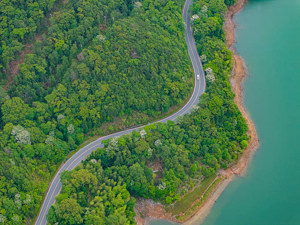 istock Winding mountain road beside green forest lake 2217421966