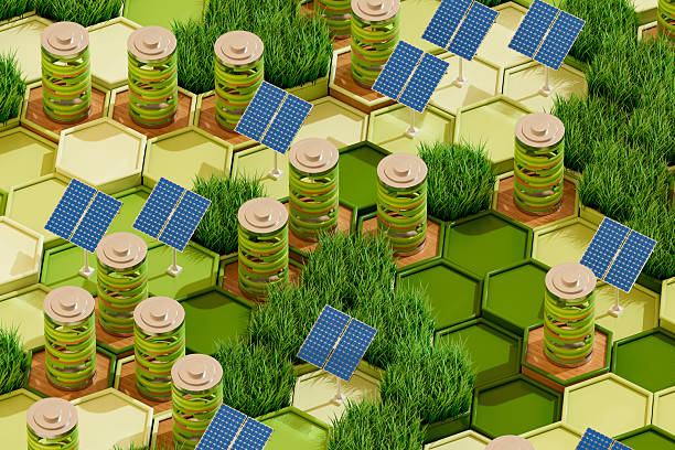 A digitally generated image featuring solar panels and batteries on hexagon panels, symbolizing the integration of multiple renewable energy sources within a smart and sustainable framework. This clean and futuristic design reflects the shift toward eco-friendly power solutions, ideal for visuals related to green energy, environmental innovation, and sustainable infrastructure.