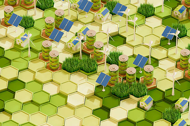A digitally generated image featuring wind turbines, solar panels and batteries on hexagon panels, symbolizing the integration of multiple renewable energy sources within a smart and sustainable framework. This clean and futuristic design reflects the shift toward eco-friendly power solutions, ideal for visuals related to green energy, environmental innovation, and sustainable infrastructure.