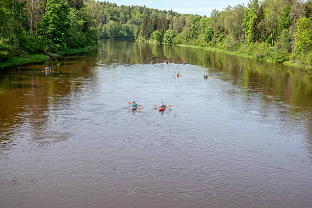 istock People Kayaking on Calm River Surrounded by Lush Green Forest in Springtime 2217423368