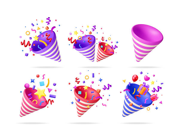 istock Set of 3d vector illustrations of party popper explosion with flying confetti and gift box. Celebration concept for holiday greeting card. 2217426417
