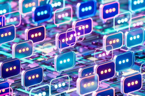 Illuminated Speech Bubbles on Motherboard, Digital Communication and AI Concept