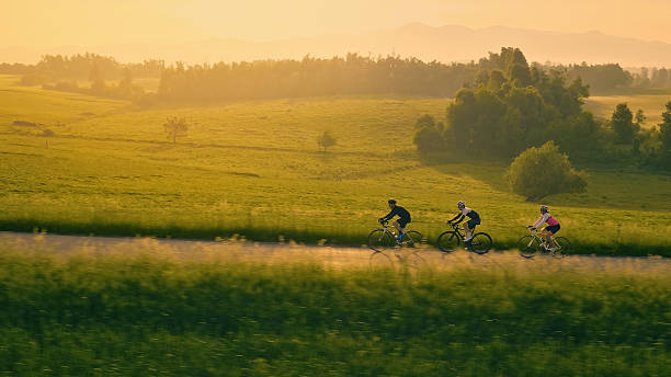 istock Three Cyclists Ride on a Road in a Green Landscape 2217427622