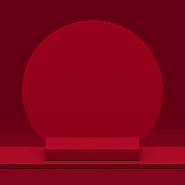 istock Red 3d podium with round wall background mockup for product show realistic vector illustration 2217429106