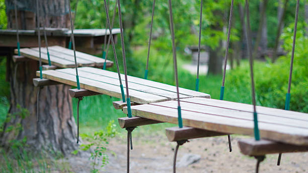 istock Empty children's rope park nestled in tranquil pine forest. 2217429274