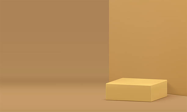 istock Pastel yellow 3d squared podium advertising room mock up for show realistic vector illustration 2217429456