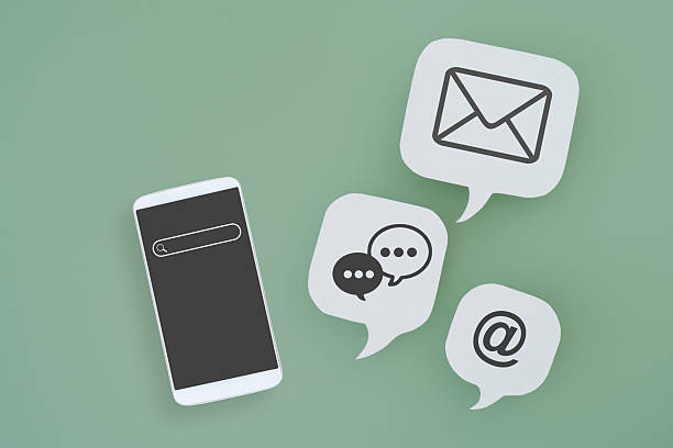 For contact us, customer feedback, review, FAQ , customer support concept.  White smart phone with telephone, mail, chat icon on white speech bubble. Green Background