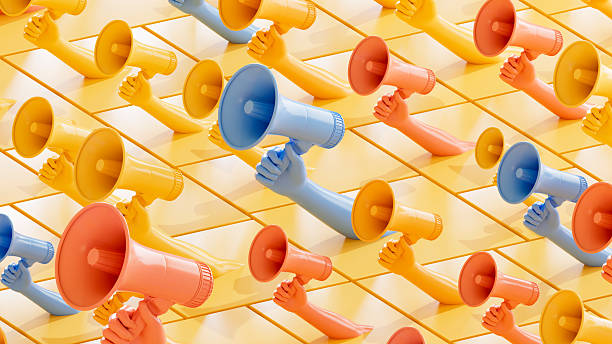 istock Hands Holding Megaphones on Block Shape Background, Communication and Announcement Concept 2217433159