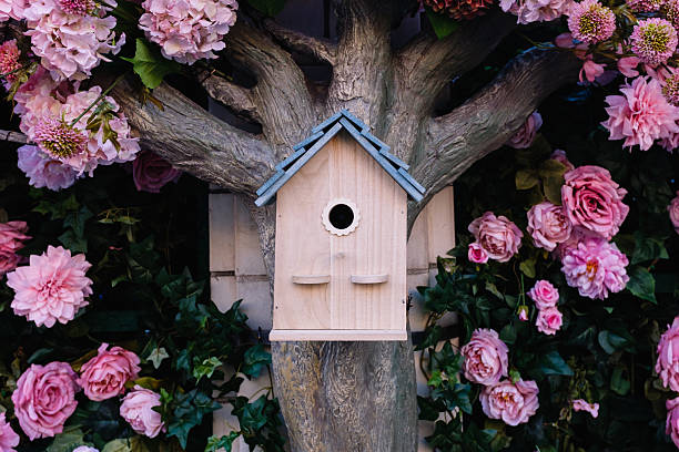 istock Wooden birdhouse hanging on a flower-covered tree trunk 2217434708