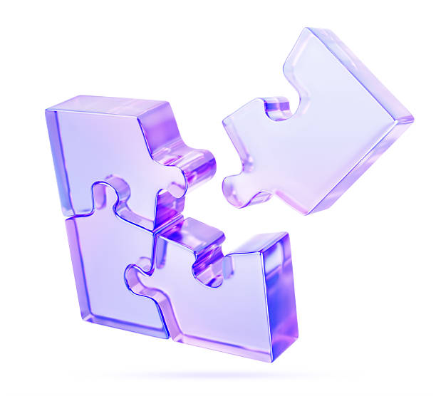 istock 3d holographic glass morphism puzzle pieces. Purple gradient jigsaw game elements, connected group, assembly process. Crystal hologram blocks during connection, isolated render icon 2217436772