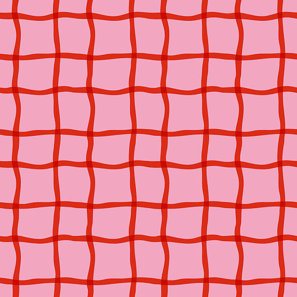 Wavy gingham-style seamless pattern in red and pink with hand drawn grid lines. Evokes a cozy cottagecore aesthetic with vintage charm and playful texture