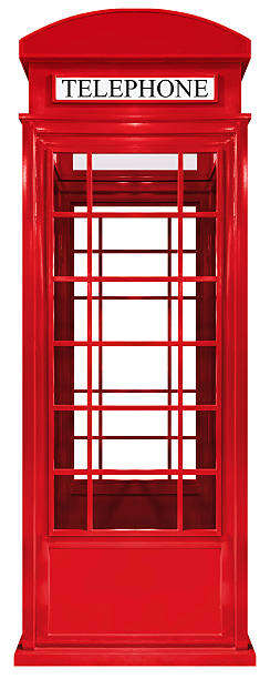 Red public telephone booth isolated on white background with clipping path