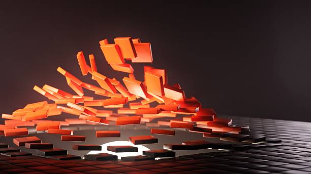 istock Side perspective of red tiles rising from dark 3D grid under glowing sphere effect 2217447129
