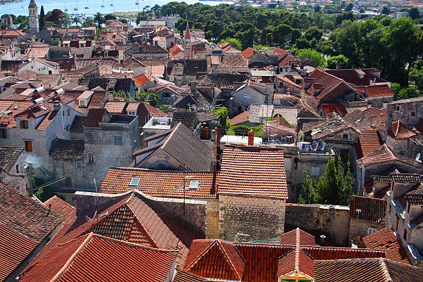 Aerial view of Trogir, Croatia, seen from the Saint Lawrence Cathedral's bell tower. Trogir is idyllic travel destination and UNESCO World Heritage Site.