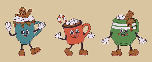 Adorable cartoon mugs filled with whipped cream, candy canes, cinnamon sticks, and gingerbread, perfect for Christmas themes. Rubber hose style, retro groovy mascot.