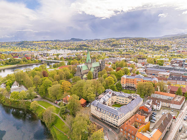 istock Nidaros Cathedral, and downtown Trondheim, Norway, aerial panoramic view, spring colors, historical buildings 2217459193
