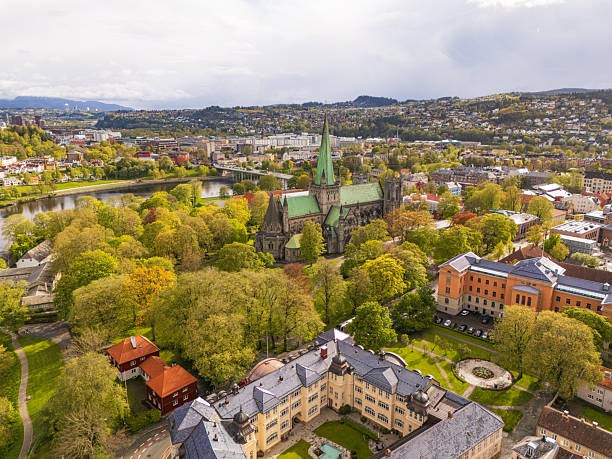 istock Nidaros Cathedral, and downtown Trondheim, Norway, aerial panoramic view, spring colors, historical buildings 2217459268