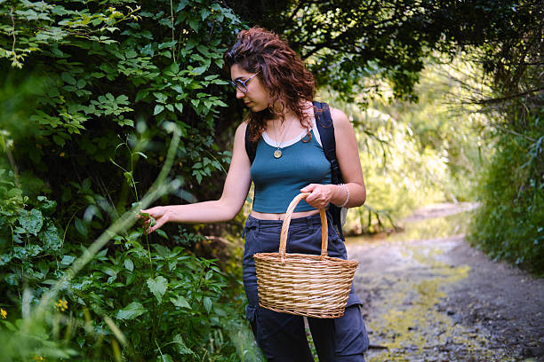 istock Young woman foraging wild herbs in lush forest path 2217460882