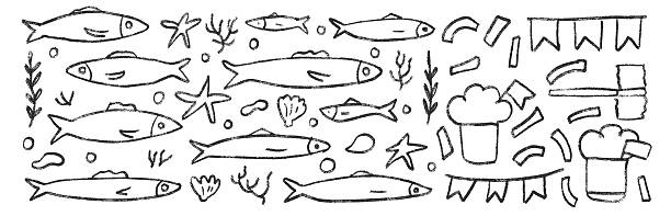 istock Fishes line doodle set. Sardines hand drawn scribble School of fish in the sea. Vector monochrome nautical illustration by pencil isolated on white background. Crayon or chalk naive underwater life 2217467299