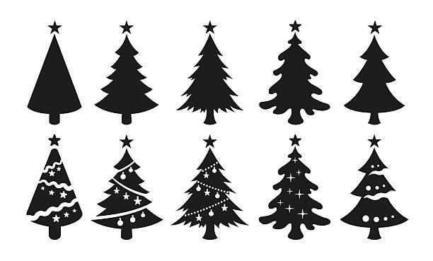 Christmas tree icons isolated on white background. Black vector silhouettes of christmas trees with a stars at the top.