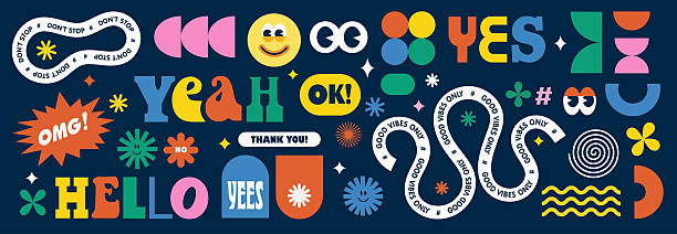 naive, verspielte, abstrakte formen, aufkleber, big pack. groovige typografie im angesagten retro-90er-jahre-cartoon-stil. vektorillustrationen mit wellenförmigen geometrischen elementen und niedlichen kreisförmigen, ovalen, rechteckigen bogenaugen. - cool-pack stock-grafiken, -clipart, -cartoons und -symbole