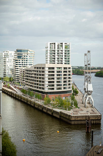 City views of modern residential and commercial buildings in Hamburg's Hafen City.