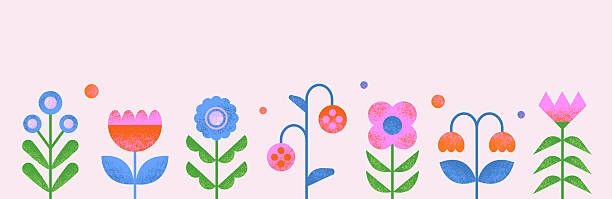 istock Floral border with gradient blooming flowers. Horizontal summer nature decoration. Modern grainy botanical floral flat elements 2217479178