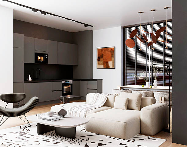 istock 3D rendering. Interior design of living room, dining room and kitchen. Modern interior with light sofa. 2217479576