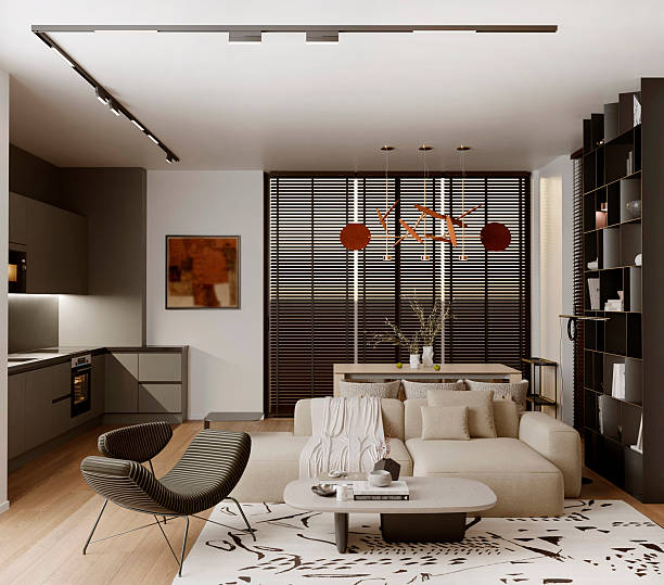 istock 3D rendering. Interior design of living room, dining room and kitchen. Modern interior with light sofa. 2217479578