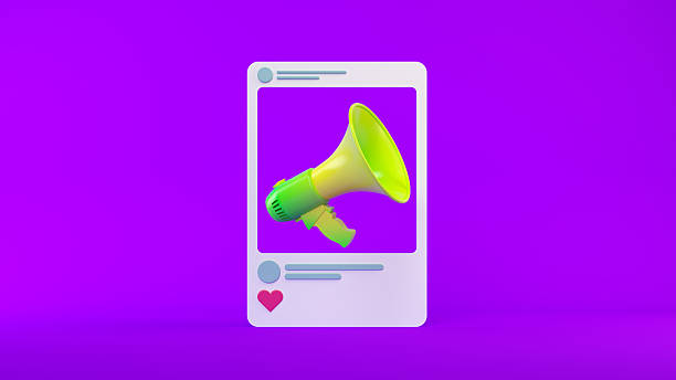 A Modern 3D Animation of a Social Media post Mockup featuring a Yellow and Green Color Megaphone as the central Content Creation element, set against a Vibrant Color Purple Background. This Illustration symbolizes an Announcement Message, Online Advertising, or Marketing Promotion - Employment via digital platforms. The Template includes a Like Button Icon (Heart Shape), signifying Engagement and Feedback. Ideal for visuals related to Broadcasting Information, Social Media Marketing strategies, or a Publicity Event requiring an attention-grabbing Design Element.