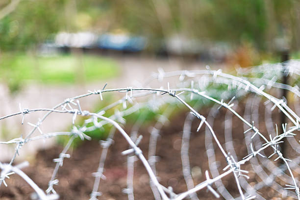 Close-up of a barbed wire fence with a blurred green area in the background, representing security and restricted access