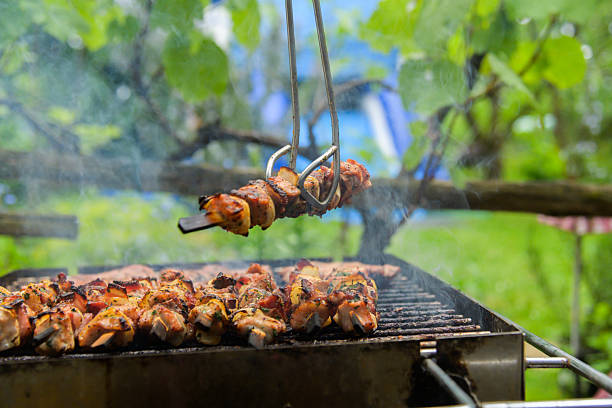 Juicy skewered meat is being grilled on charcoal outdoors, surrounded by lush greenery. The scene is perfect for barbecues, picnics, and enjoying delicious food in a natural outdoor environment.