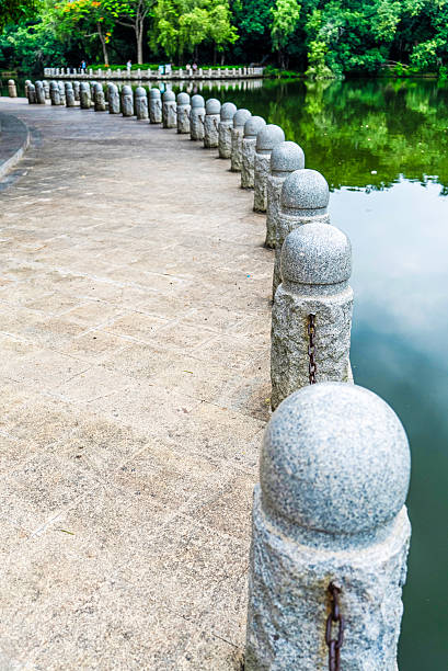 istock Railing and chains around the park's lake 2217497060