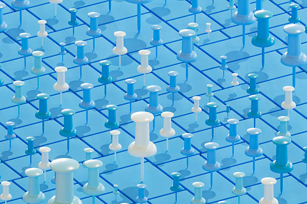 Thumbtacks, Travel Destinations Background. Digitally generated image. 3d render.