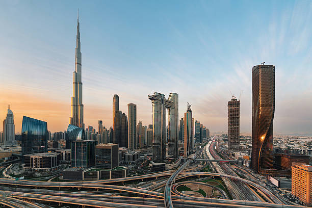 istock Aerial view of Dubai skyline at sunset 2217498284