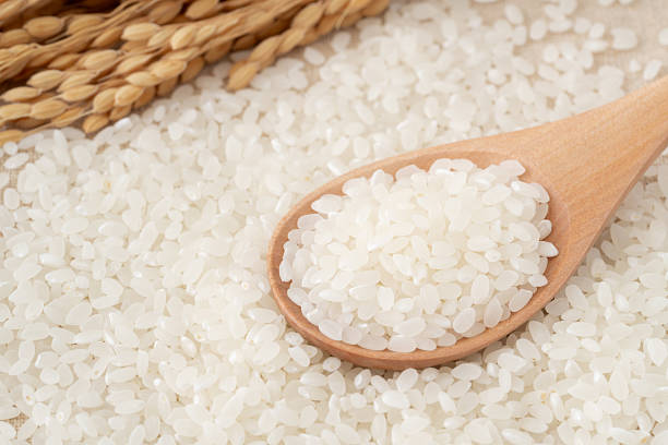 istock Rice (white rice) on a spoon with rice stalks 2217498300