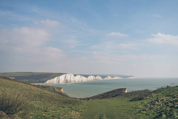 Distant view of headlands above the sea, springtime