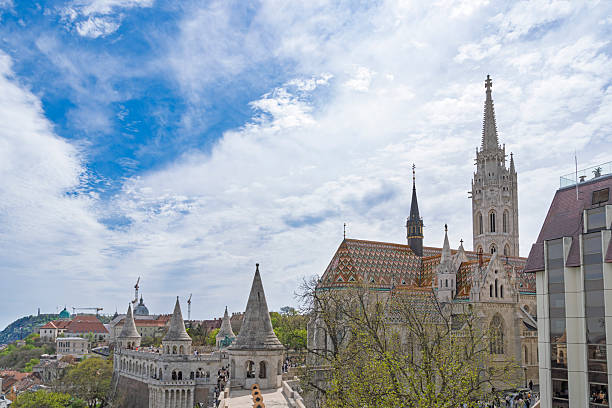 St Matthias church in Budapest.  It seen over the rooftops from the Fishermen's Bastion.