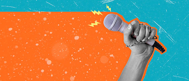 istock Contemporary art collage depicting a hand with a microphone with copy space. 2217505208