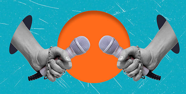 istock Art collage, microphones on a blue background with copy space. 2217505212