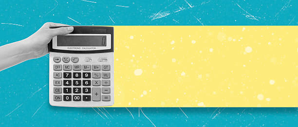 istock Modern creative art collage of a hand holding a calculator on a blue background, copy space. 2217505341