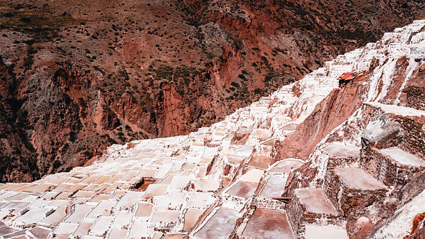 Aerial view of salt flats, Maras Salt Mines in Sacred Valley