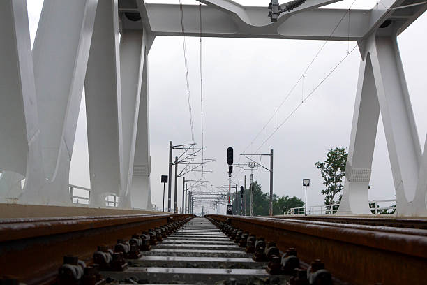 Train tracks extend over a serene river, surrounded by vibrant greenery and trees, showcasing the blend of nature and rail infrastructure in a rural setting.