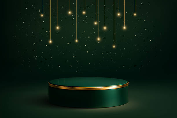 istock Green podium with gold lights and hanging sparkle background 2217527976